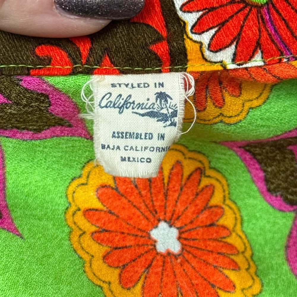 Vintage 1960s Mod Psychedelic Neon Green Floral Pattern Mod Shirt Dress S/M - Picture 5 of 14